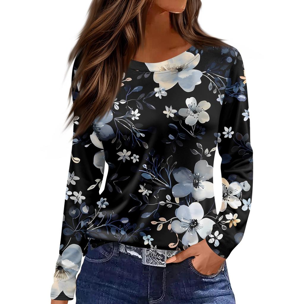 Damenmode Lässig Schlitz Saum Rundhals Langarm Lose Bedrucktes T-Shirt Damen Top