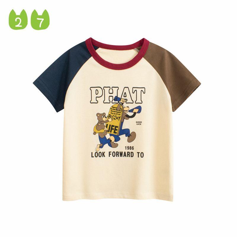 27Kids Children's Clothing Boys' Short-Sleeved T-Shirt Summer Kidsren's Half-Sleeved Raglan Sleeve Top Boy's Bear Pure Cotton Clothes