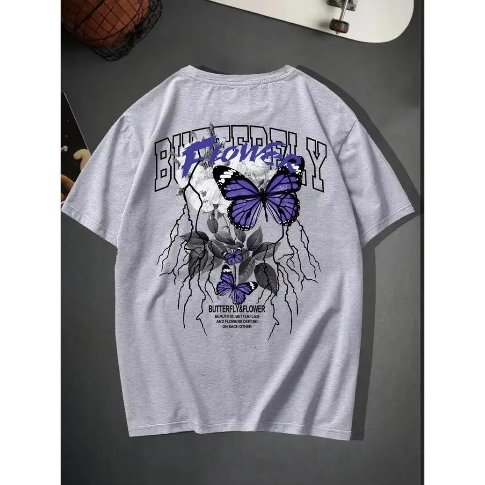 Summer New Men's Casual Crew Neck Short Sleeve "Butterfly & Flower" Butterfly Printed Cotton T-Shirt