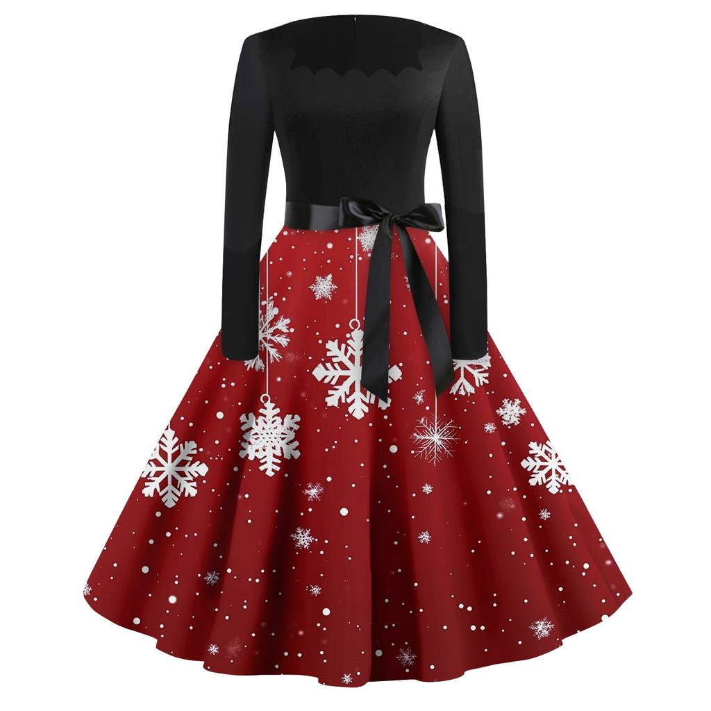 Women's Casual Fashion Printed Retro Square Neck Long Sleeve Dress