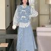 2026 Spring/Autumn Women's Trendy Chinese-Style Denim Skirt Set: Vest, Striped Shirt, & Skirt
