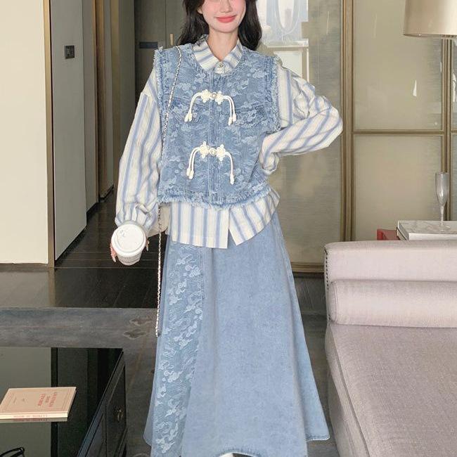 2026 Spring/Autumn Women's Trendy Chinese-Style Denim Skirt Set: Vest, Striped Shirt, & Skirt