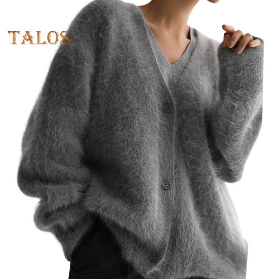 Women Sweater Coat V-Neck Long Sleeve Solid Color Single Breasted Knitting Sweater Loose Fit Warm Knitting Cardigan