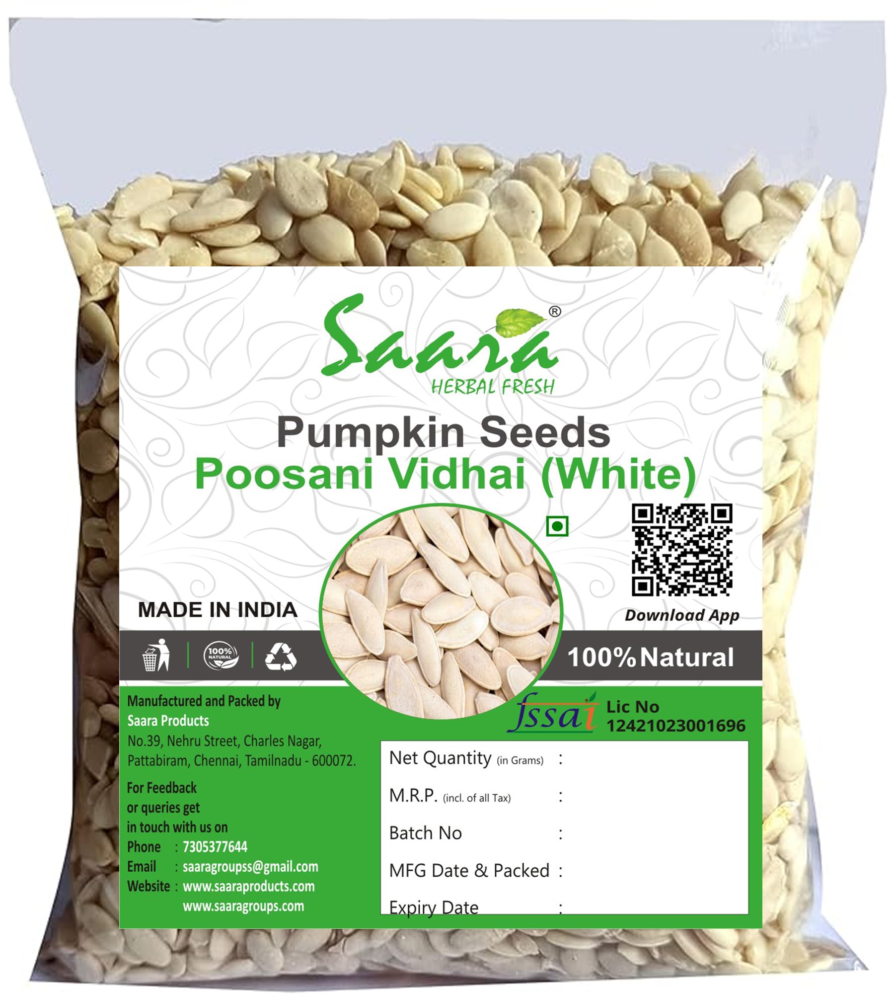 

Saara HERBAL FRESH Pumpkin Seeds 100g, AAA Grade Seeds for Eating | Immunity Booster | Healthy Diet Snacks | Poosani Vidhai | Kaddu Ke Beej Witho