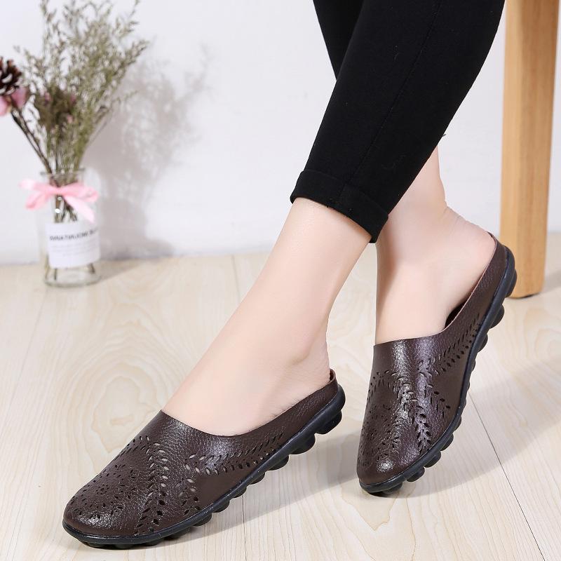 Spring/Summer Women's Genuine Leather Casual Low-Top Flat Slippers, Sizes 35-46, Plus Size Available