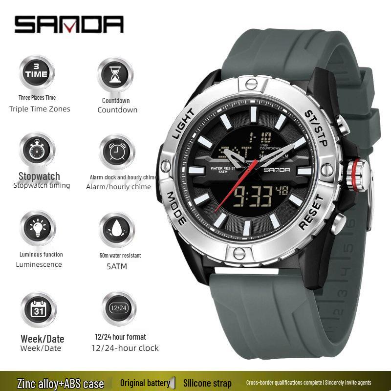 SANDA Multifunctional Outdoor Waterproof Watch with Three-Time Zone and Calendar Features for Students