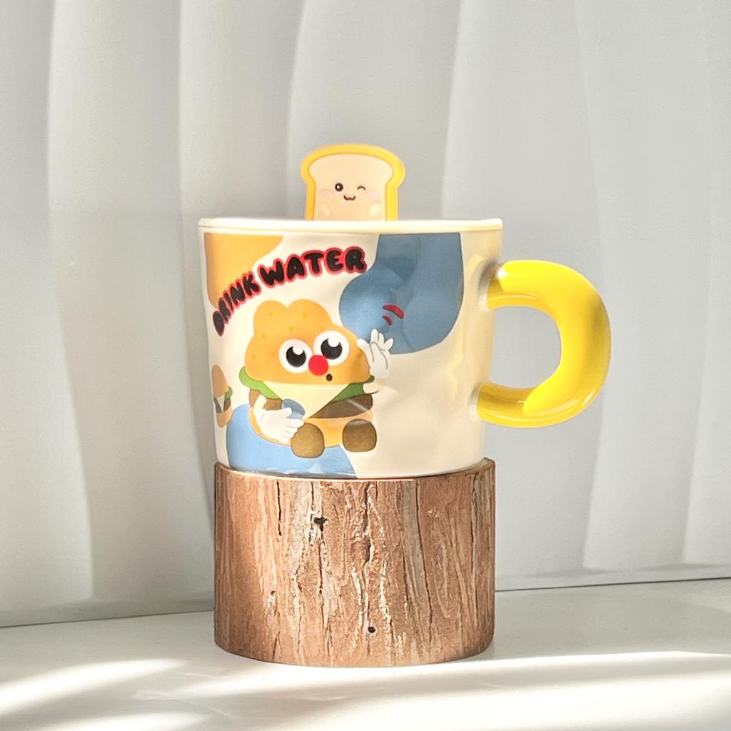 Cute toast drinking mug with lid girl birthday gift high value home office ceramic mug