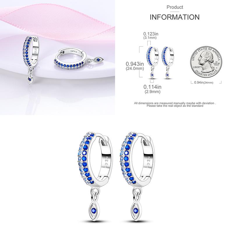Sparkling Blue Zircon Hoop Earrings Pave U Shape Star Devil Eyes Circle S925 Drop Earring Fit Original Party Jewelry