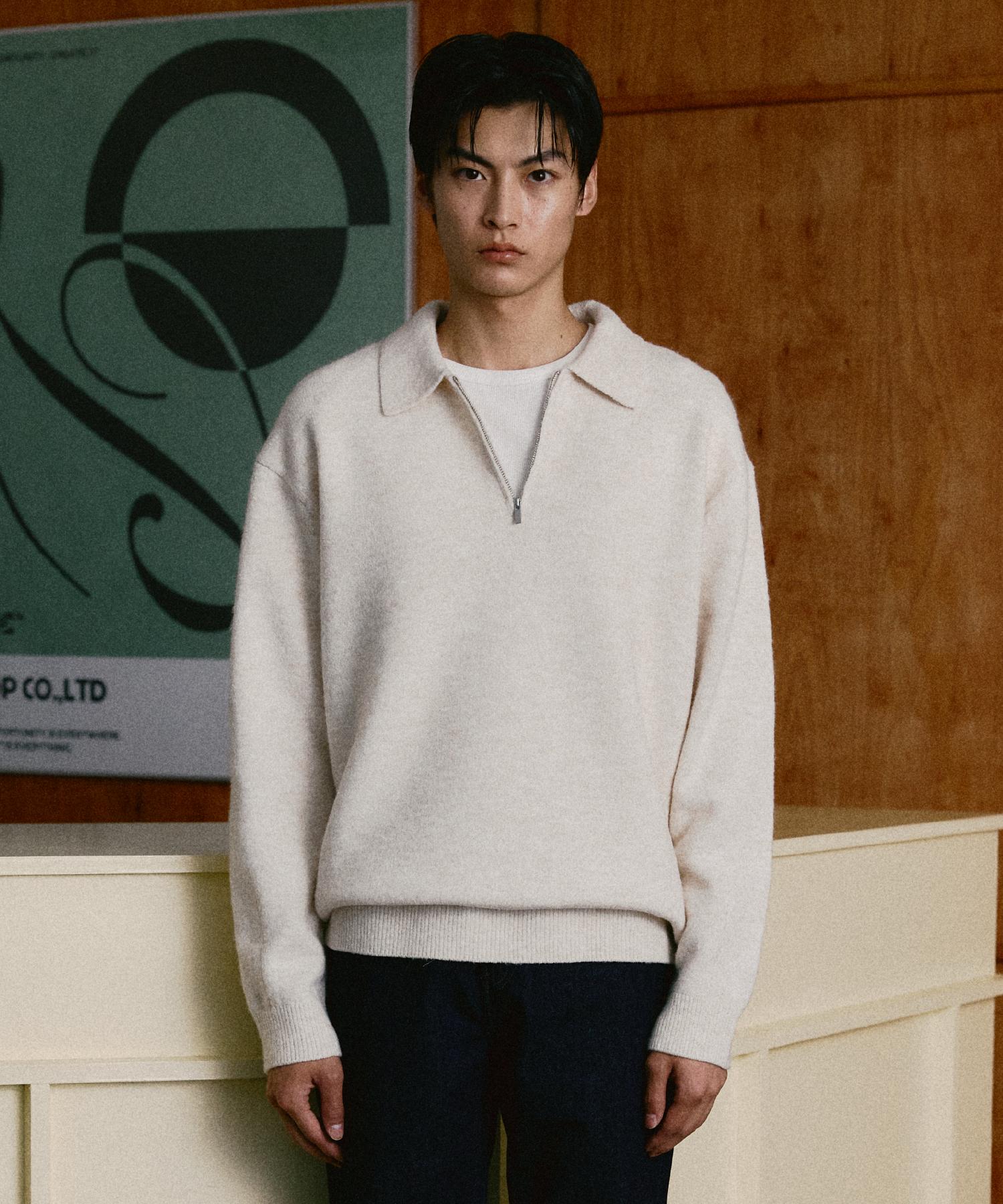 Le Dept Washable Half-Zip Collar Knit [Beige] L