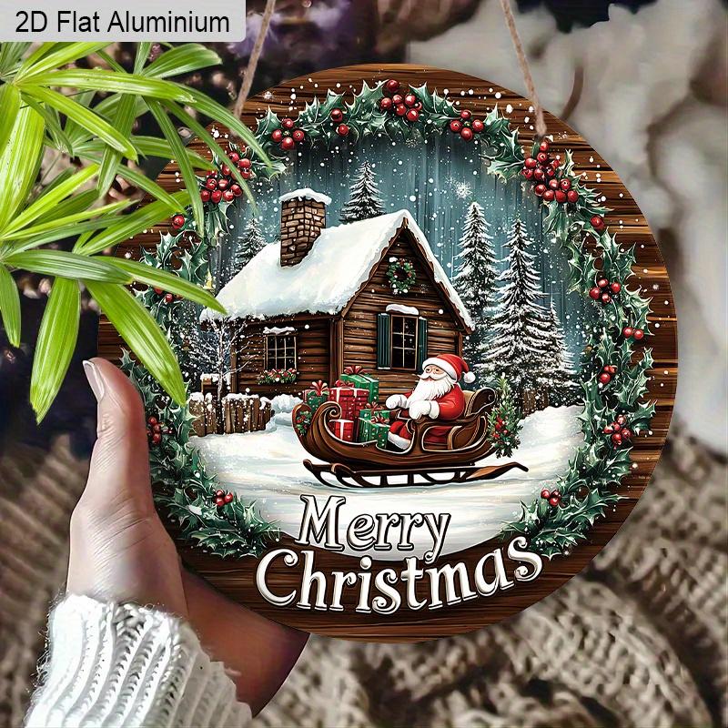 Panneau Joyeux Noël Plat en Aluminium 2D avec Motif Père Noël & Maison - Ornements Figurines Hivernales Chaudes - Idéal pour Porte d'Entrée, Mur, Porche, Fenêtre