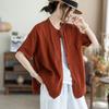 Johnature Women Vintage Shirts Tops Summer Chinese Style Solid Color Blouses Short Sleeve Pockets Female Shirts