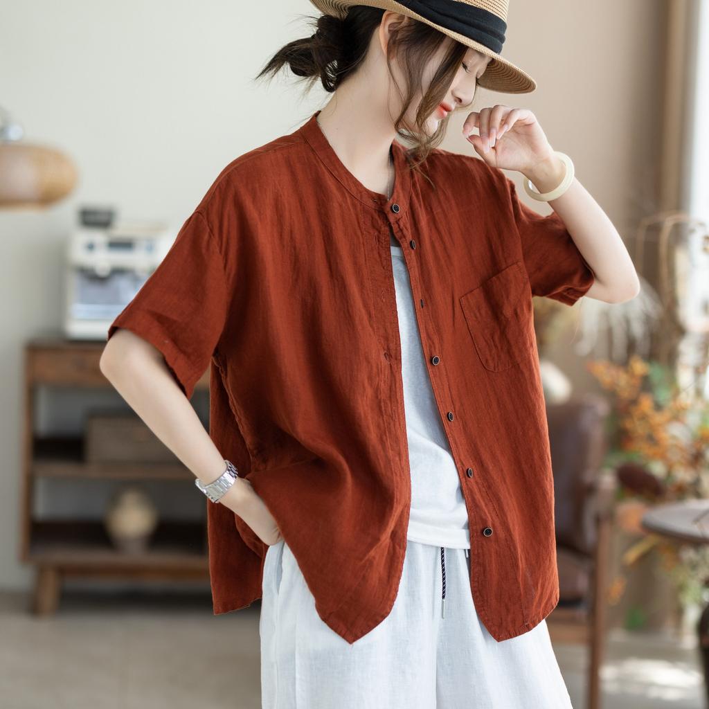 Johnature Women Vintage Shirts Tops Summer Chinese Style Solid Color Blouses Short Sleeve Pockets Female Shirts