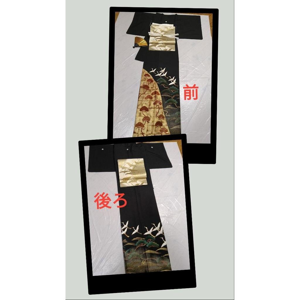 Used Black Tomesode, Pure Silk, Piece Embroidery, Flying Crane Hamamatsu Pattern, Five Crest Hiyori Tailoring, Fukuro Obi Pure Silk, Mitsukoshi