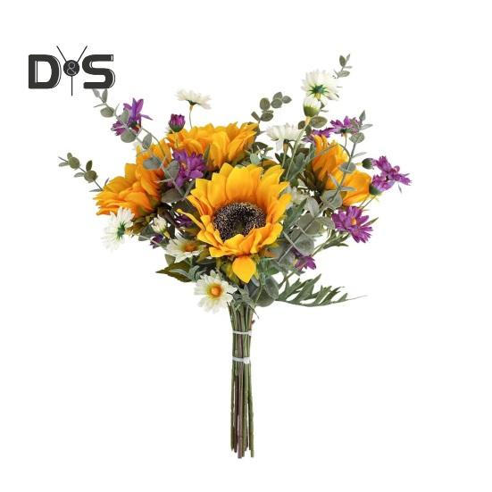 

Искусственный букет подсолнухов с листьями эвкалипта, искусственный шелковый цветок, украшение для свадебной вечеринки, домашнего офиса, стола, пластиковые искусственные цветочные растения Sun flower