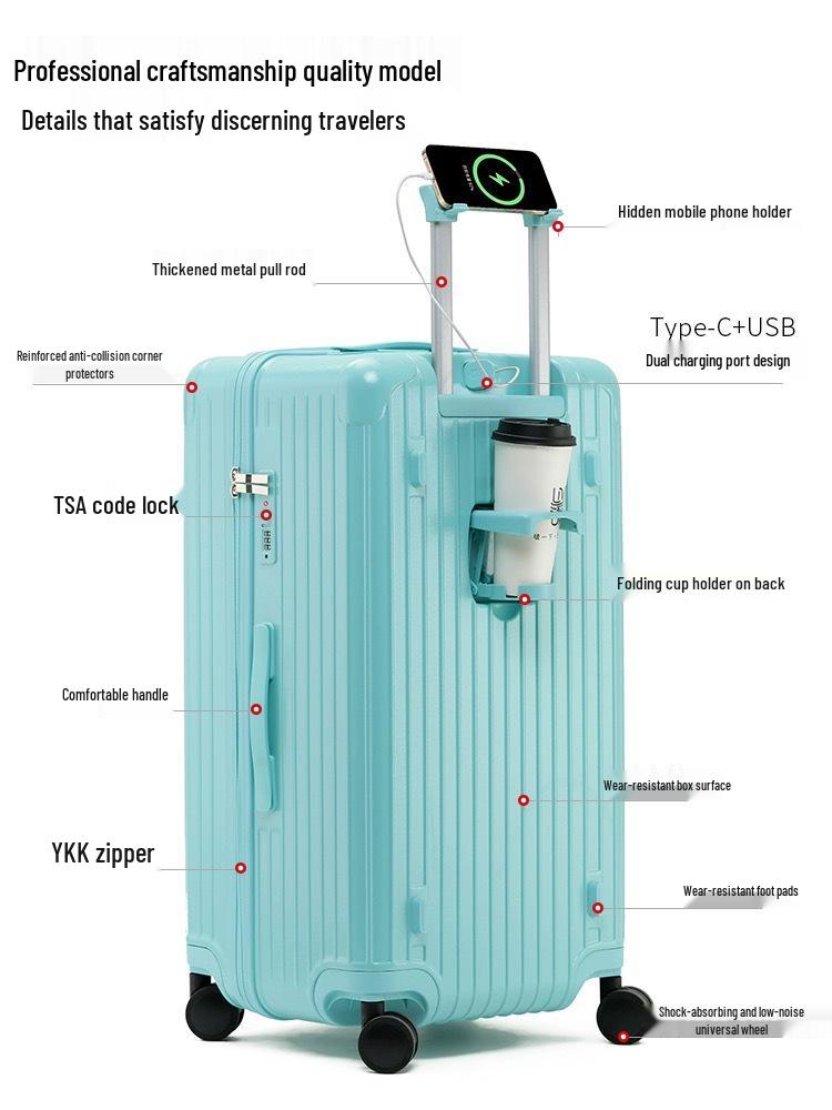 Thickened 24" PC Trolley Case: Drop-resistant, Large Capacity Suitcase with Combination Lock, Available in 26" & 30" Sizes, Leather Accent for Women.