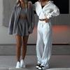 European & American Casual Zipper Cardigan Jacket & Sporty Drawstring Long Pants Women’s Two-piece Set