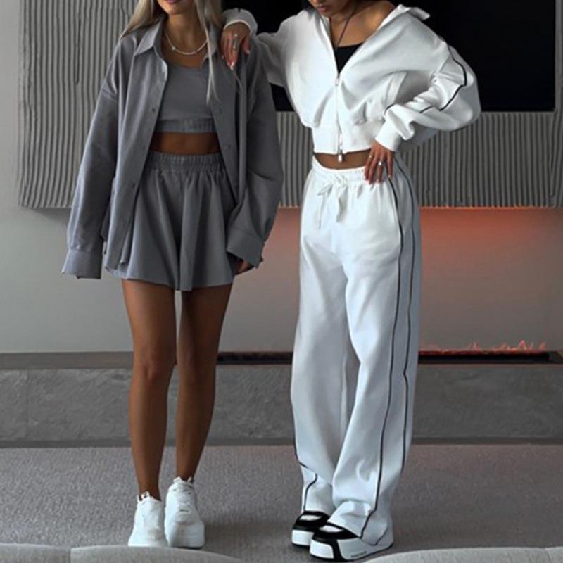 European & American Casual Zipper Cardigan Jacket & Sporty Drawstring Long Pants Women’s Two-piece Set
