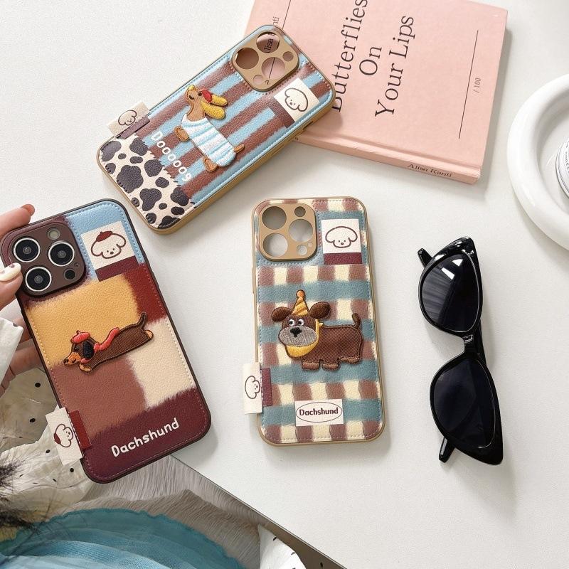 Cute 3D Dachshund Dog Color Block Phone Case, Leather Texture Protective Cover for iPhone
