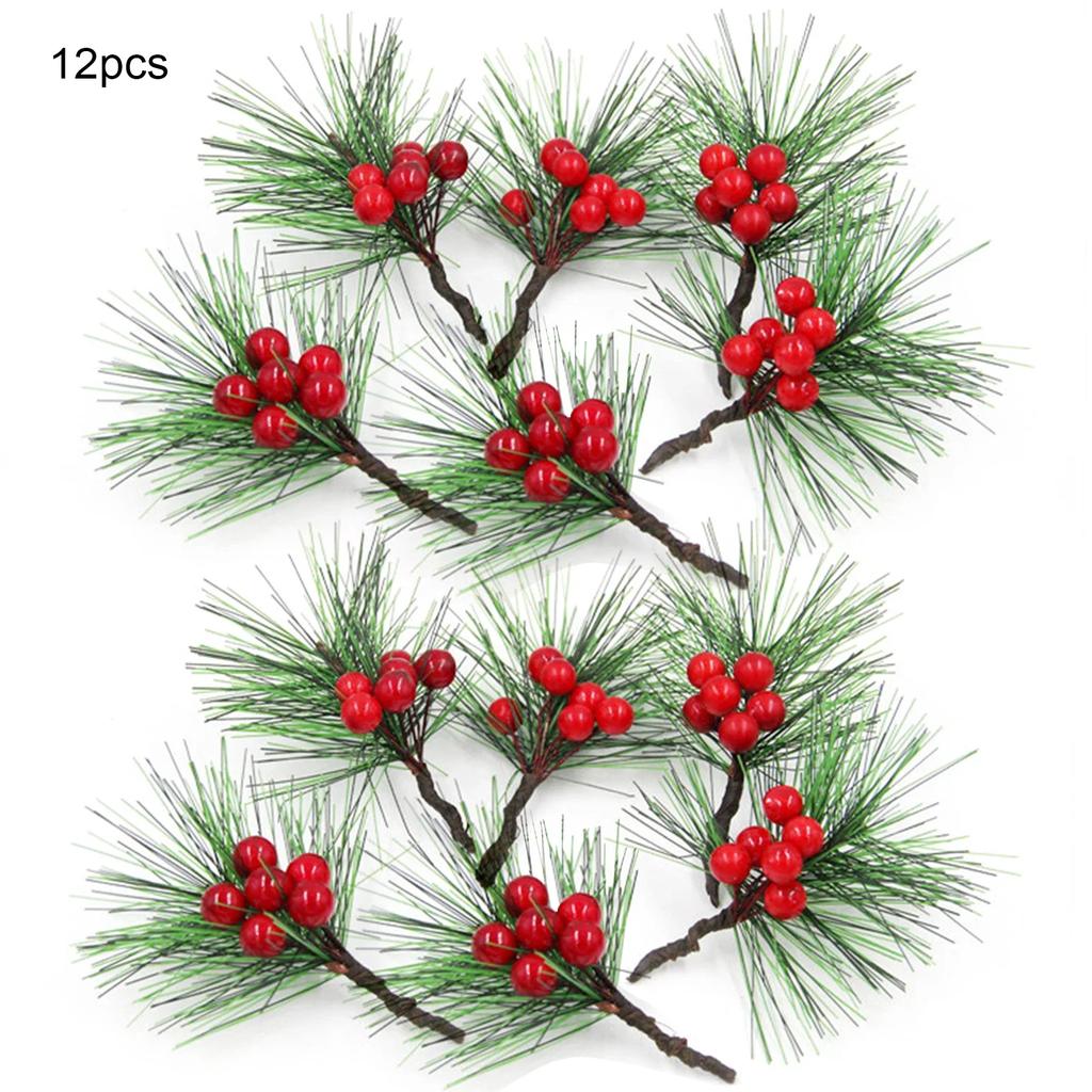 12 pièces Fait Main DIY Mini Branches de Pin Aiguilles Baies Rouges Accessoires Couronne de Noël Boîte Cadeau Plantes Artificielles Arrangement Floral