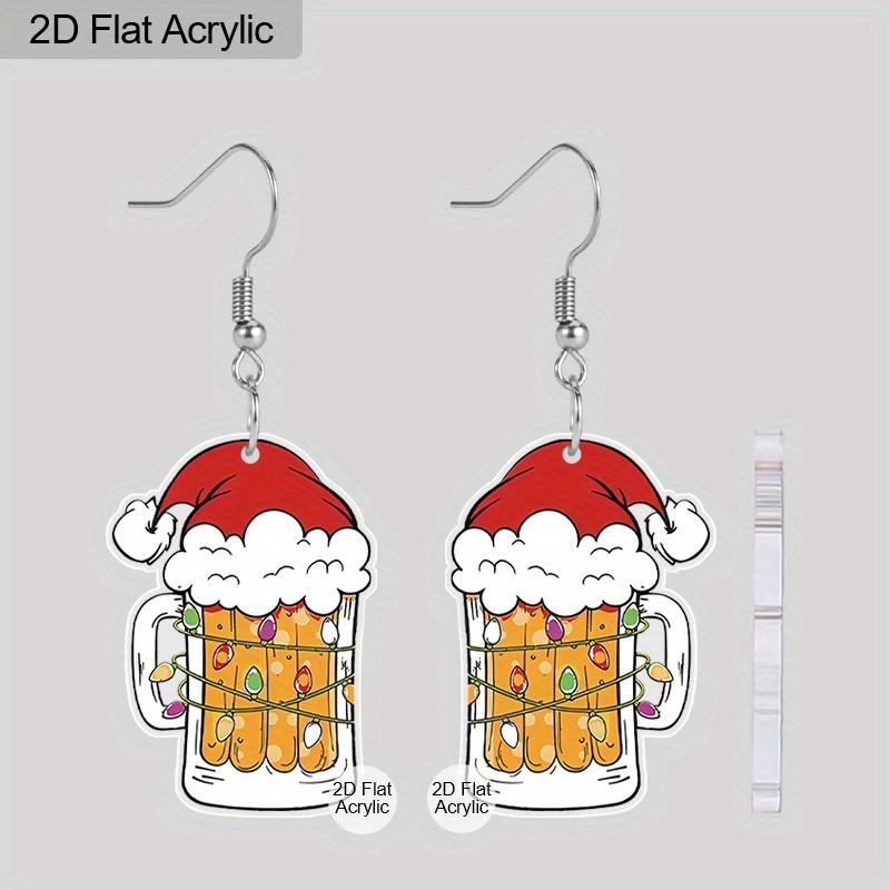 2D Flat Acrylic Christmas Hat Beer Mug Pendant Earrings Women's New Year Jewelry Holiday Party Accessories