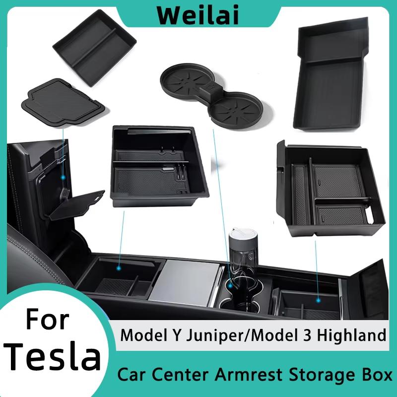 For Tesla Model Y Juniper 2026 Storage Box Model 3 2025 Highland Center Console Armrest Storage Tray Cover Tidying Accessories