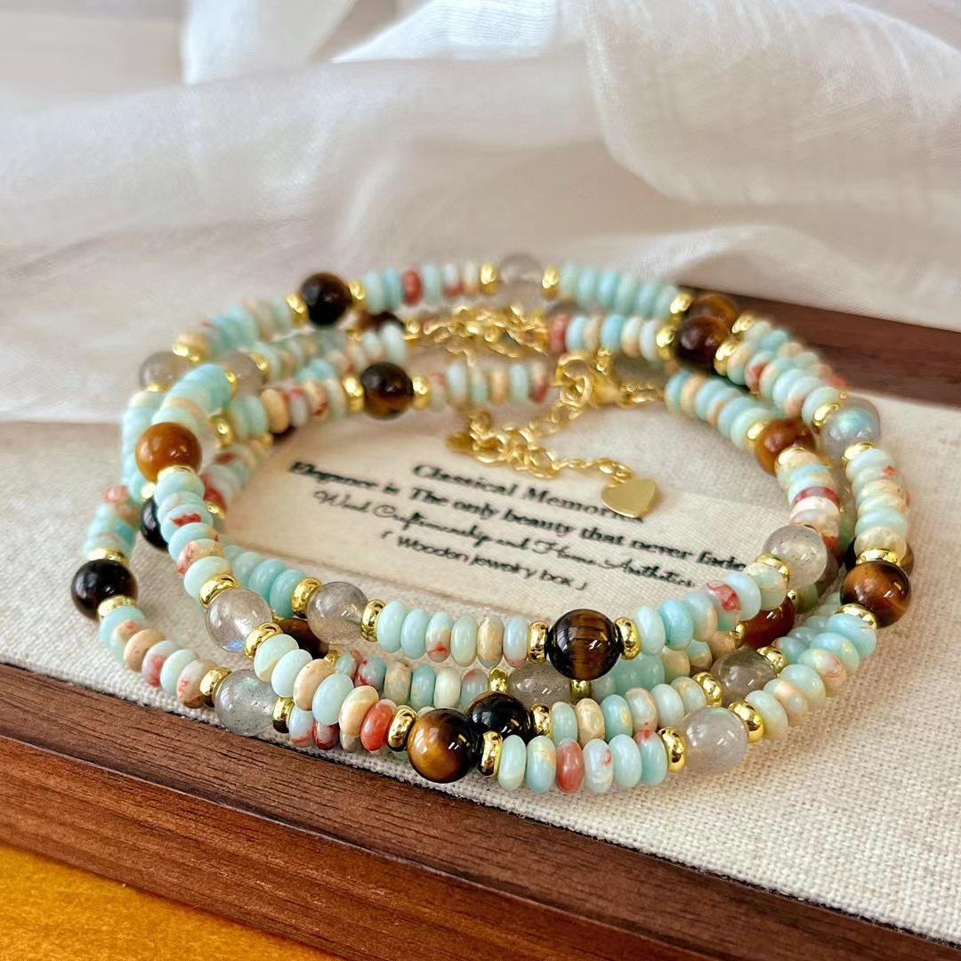 

Vintage Natural Tiger S Eye Stone Gray Moonstone Quartz Rock Collarbone Chain Flying Saucer Bead Necklace Neck Chain