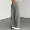 Pantaloni da Donna a Vita Alta a Gamba Larga, Pantaloni Casual Basici con Dettaglio Bottone, Grigio Uniforme
