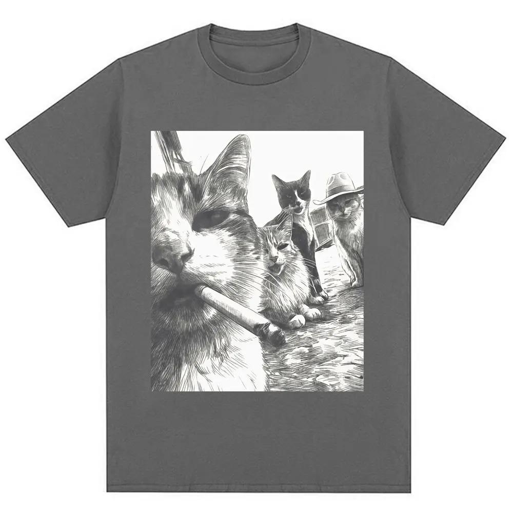 T-shirt Graphique Vintage Chat Fumeur Meme Unisexe Tendance Humoristique Oversize 100% Coton Casual Streetwear T-shirts