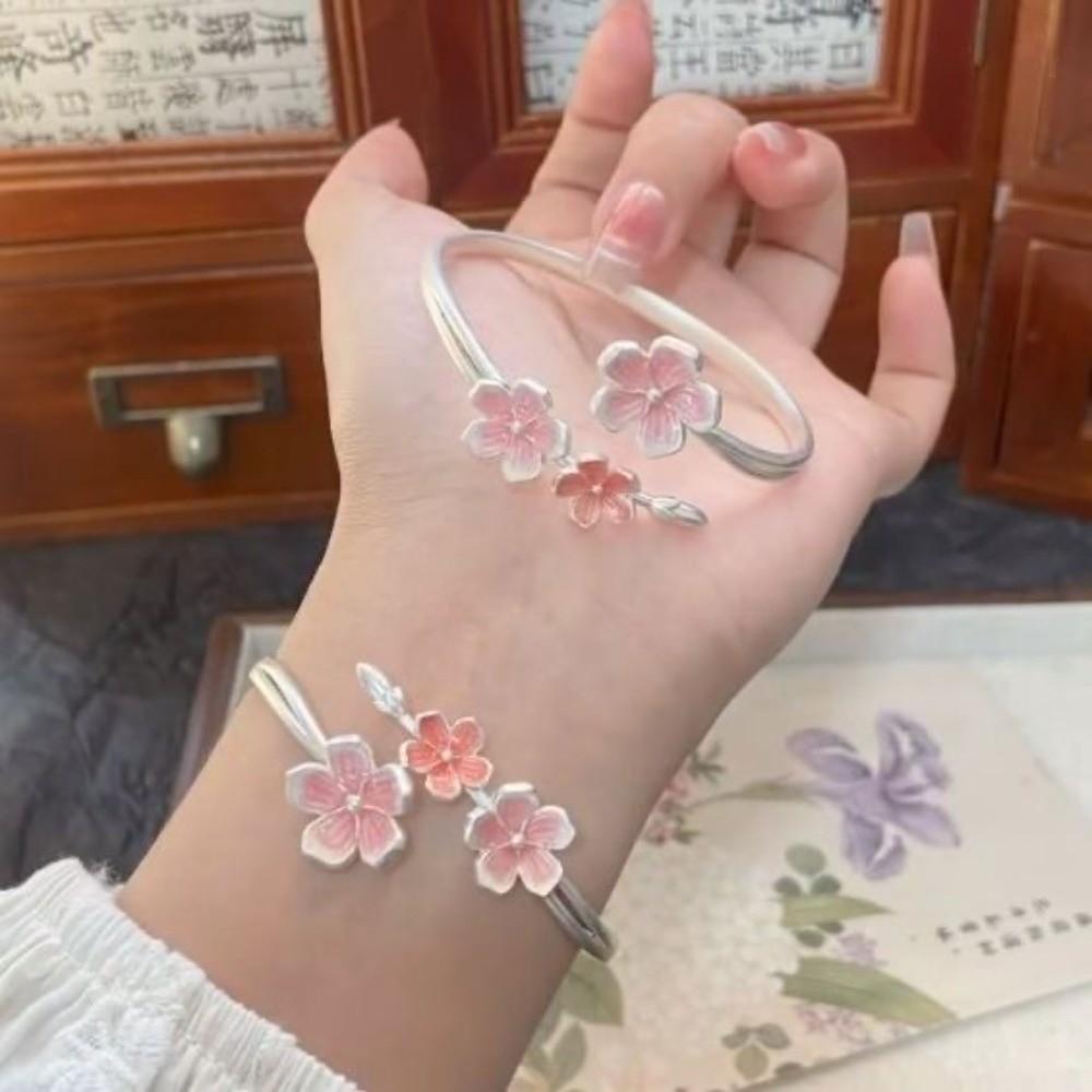 Sweet Pink Cherry Blossom Ring Drop Oil Design Flower Bracelet Fashion Open Adjustable Ring Party