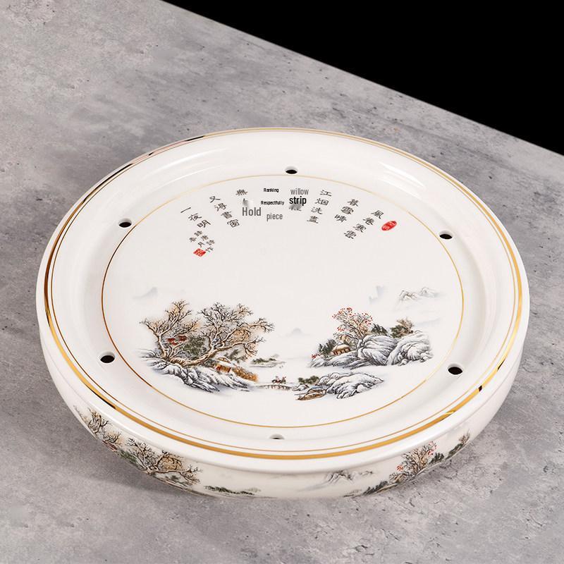 14-inch Ceramic Round Tea Tray for Gongfu Tea, with Double-Layer Water Storage