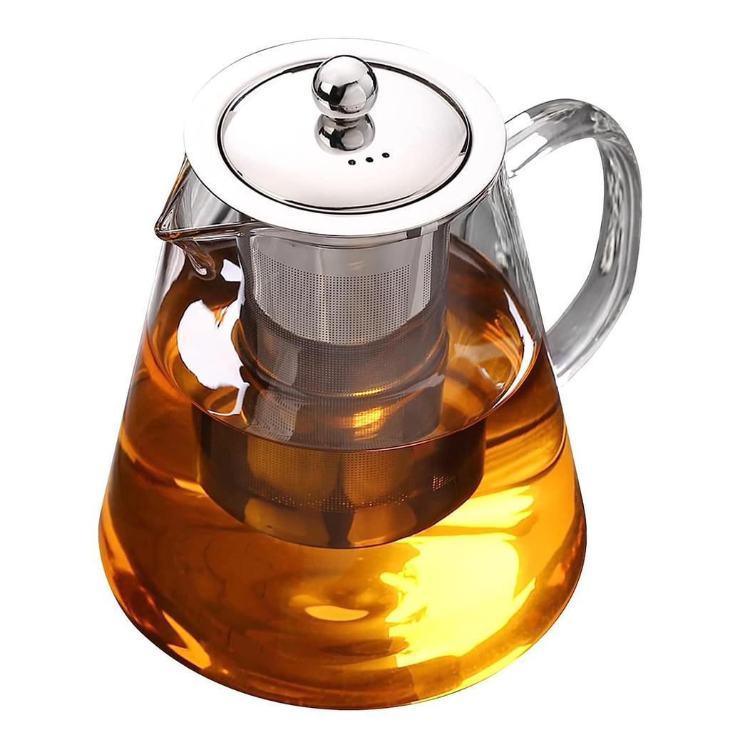POKALOTEA PK4150M Glass Teapot, Large Capacity (1500ml Full Capacity), with Stainless Steel Strainer, Heat-Resistant (170°C), Serves 4-6, for Black