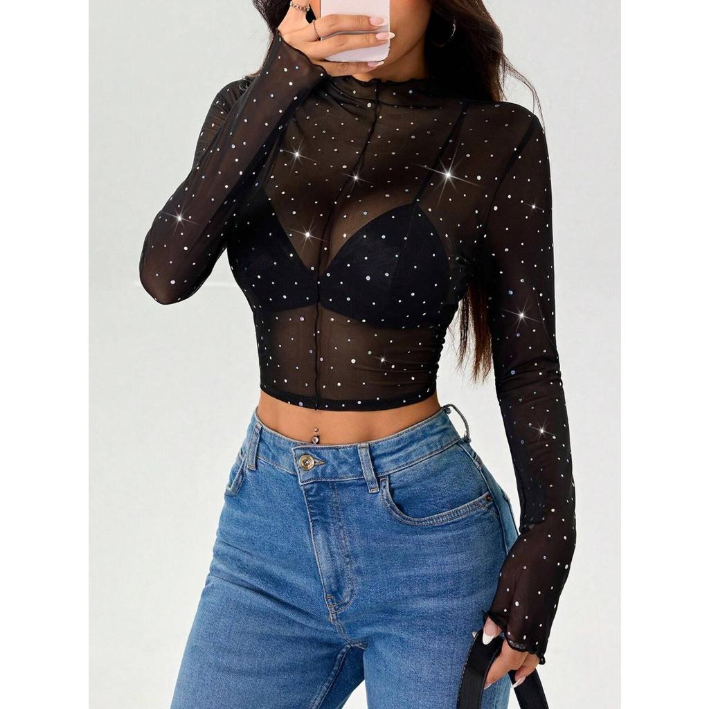 Women's Mock Neck Long Sleeve Mesh Top Slim Fit Streetwear Rhinestone Sheer Crop Blouse