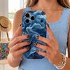 Dark Blue Gold Glitter Smoke Fluid Art Phone Case For iPhone 16 15 14 Pro Max 13 12 11 Mini Wavy Edge Frame Cover