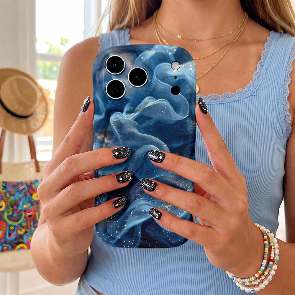 Dark Blue Gold Glitter Smoke Fluid Art Phone Case For iPhone 16 15 14 Pro Max 13 12 11 Mini Wavy Edge Frame Cover