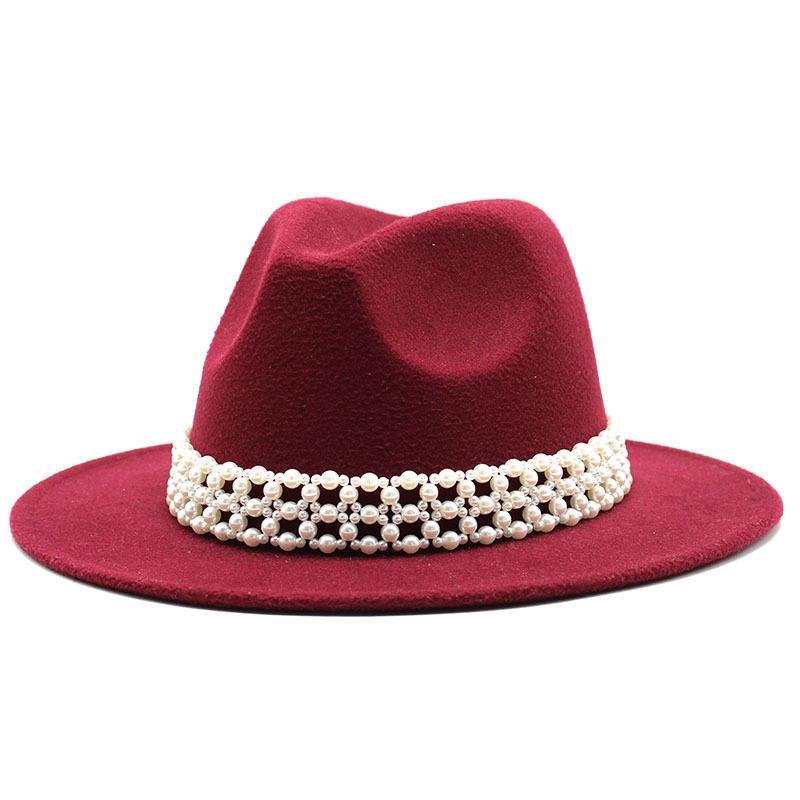 High-Grade Pearl Woolen Top Hat, Flat-Brimmed Big Eave Hat, Versatile Straight-Brimmed Jazz Hat