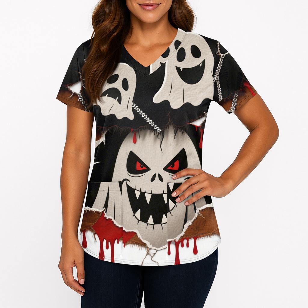 Women's Printing Uniform Work Uniform V-neck Pockets Basic Short Sleeve Pullover Top