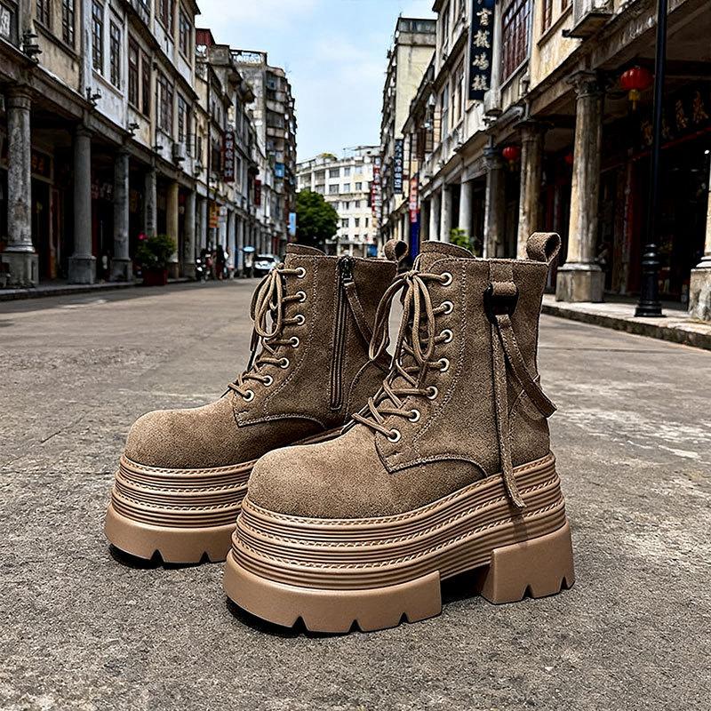 British style small thick heel lace-up Martin boots women's 2025 autumn new round head women's boots retro medium tube short boots