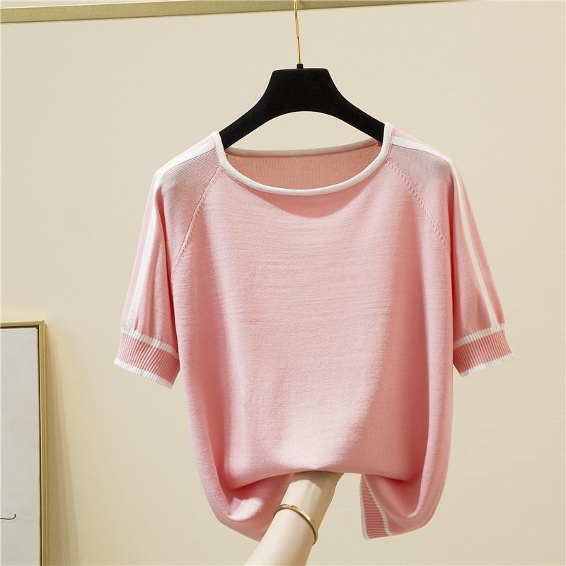 Camisetas Mujer Dünne Gestrickte T Shirt Frauen Kurzarm Sommer Tops Frau Kleidung Gestreiften Mode T-Shirt T Shirt Femme 18841
