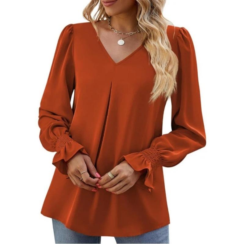 Spring and Summer New V-neck Pullover Trumpet Sleeve Top Solid Color Casual Long Shirt