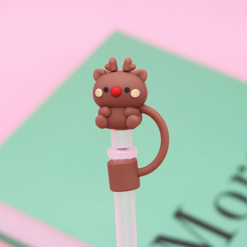 1pc Christmas Straw Cover Caps Silicone Straw Tips Protectors for 10mm 8mm Drinking Straws Reusable Cute Straw Toppers Cup Cover