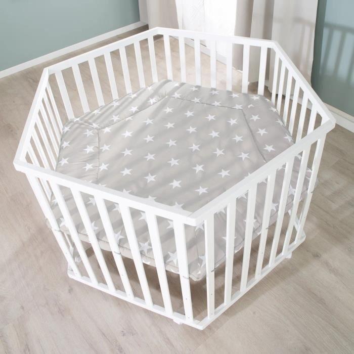 ROBA LITTLE STARS Hegaxonal Baby Playpen - Adjustable Height - Padded Cover - Braked Wheels - White Lacquered Wood - Star Pattern