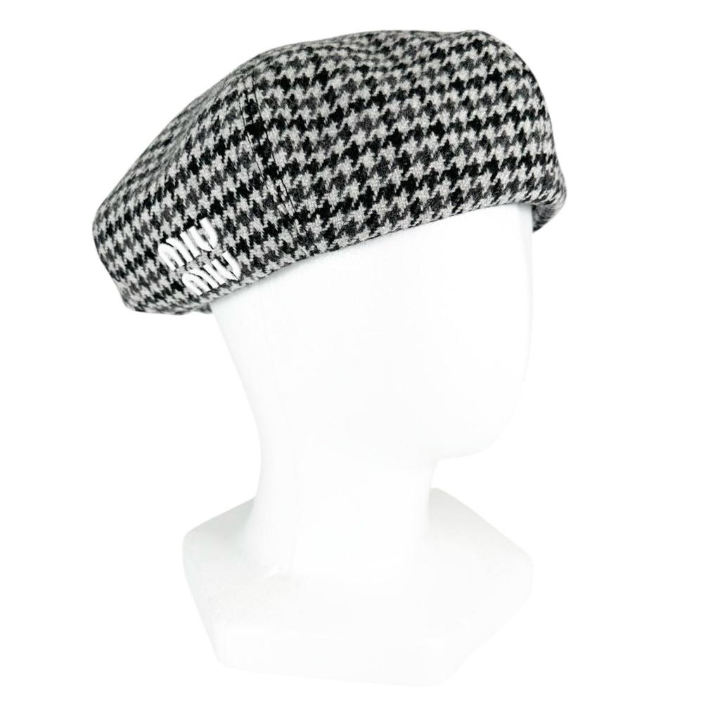 Excellent MIUMIU beret Houndstooth logo embroidery Gray wool Women L 5HC075 Used