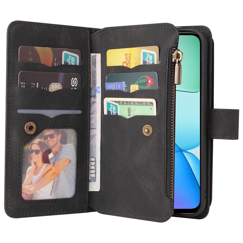 Husă Portofel cu Fermoar pentru Xiaomi Redmi 13 5G/13 4G/Note 13R 5G cu 15 Sloturi pentru Carduri și Curea, Husă de Telefon din Piele