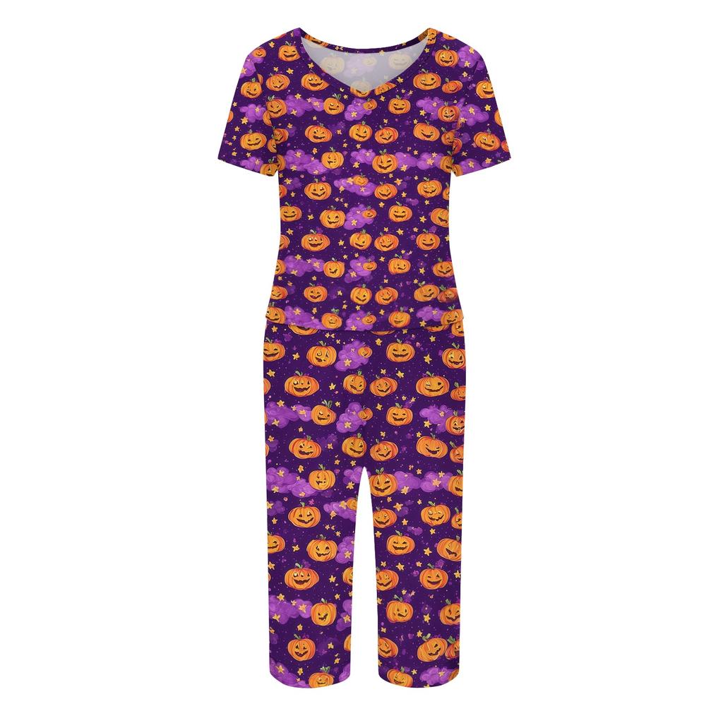 Women Two Piece Set Halloween Print Short Sleeve Top Seven Quarter Pants Casual Lounge Pajama Set for Daily Wear