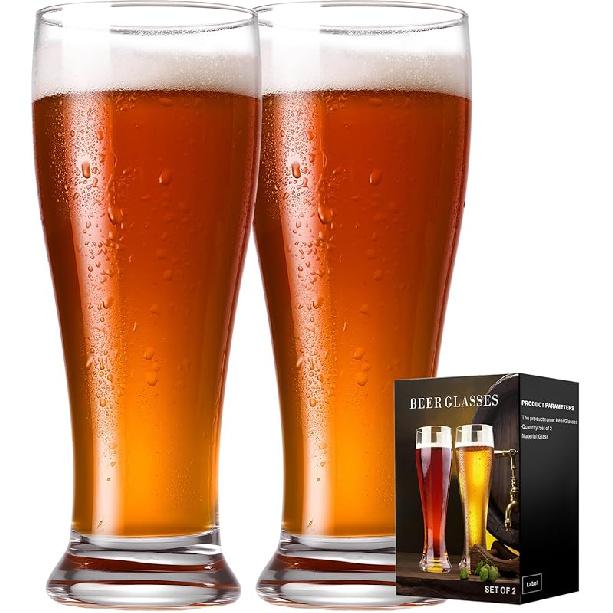 Beer Glasses Set of 2, 14 oz Pilsner Beer Pint Glasses, Classics Craft Wheat Beer Glasses Drinking Set, Beer Mug Glassware Gift for Men Large