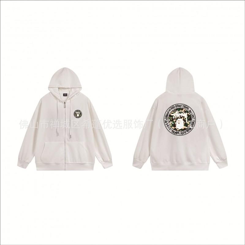 Stu Unisex Hooded Zip-Up Sweatshirt With Letter Print Fleece-Lined Oversized Fit Winter Casual Wear