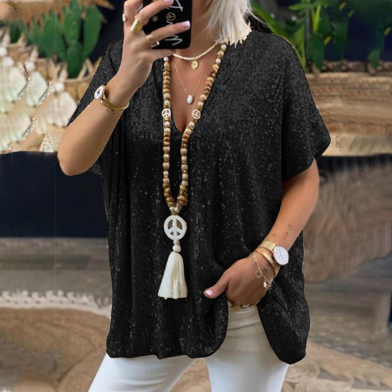 2024 Sommar Paljett V-ringning Avslappnad Lös Passform Kortärmad Damtopp