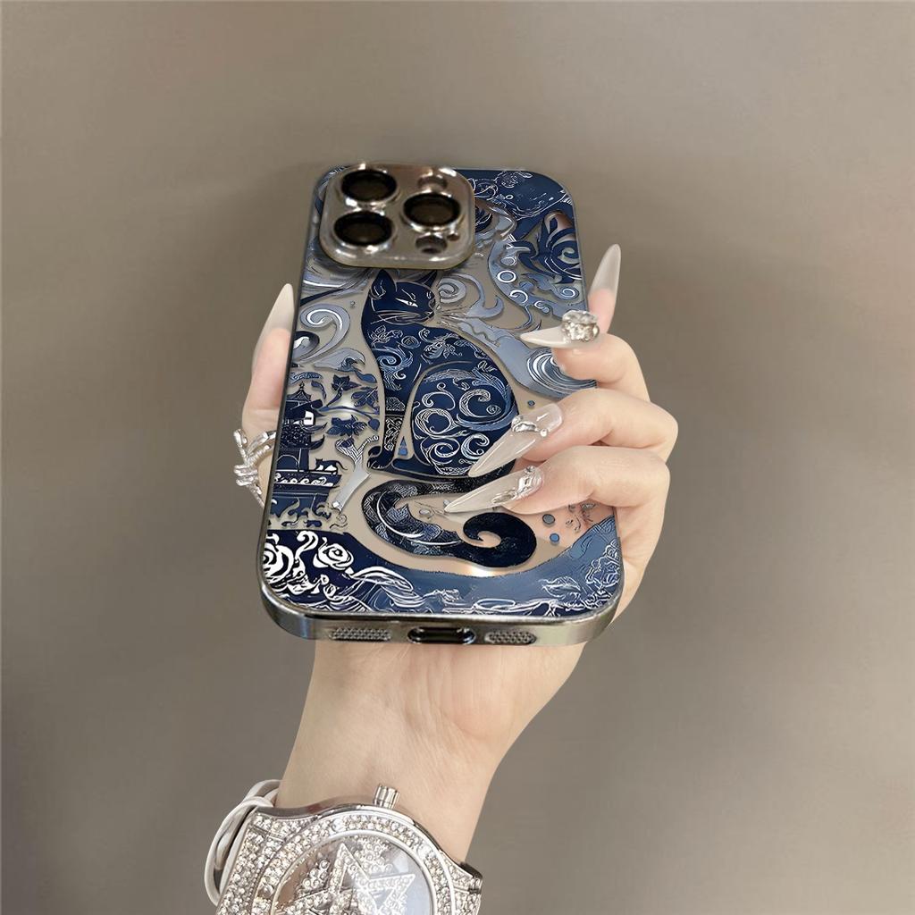 Dark Blue Cat Is Suitable for Apple 17promax16 New 15 Mobile Phone Case iPhone13 Mirror Apple 17 Mirror