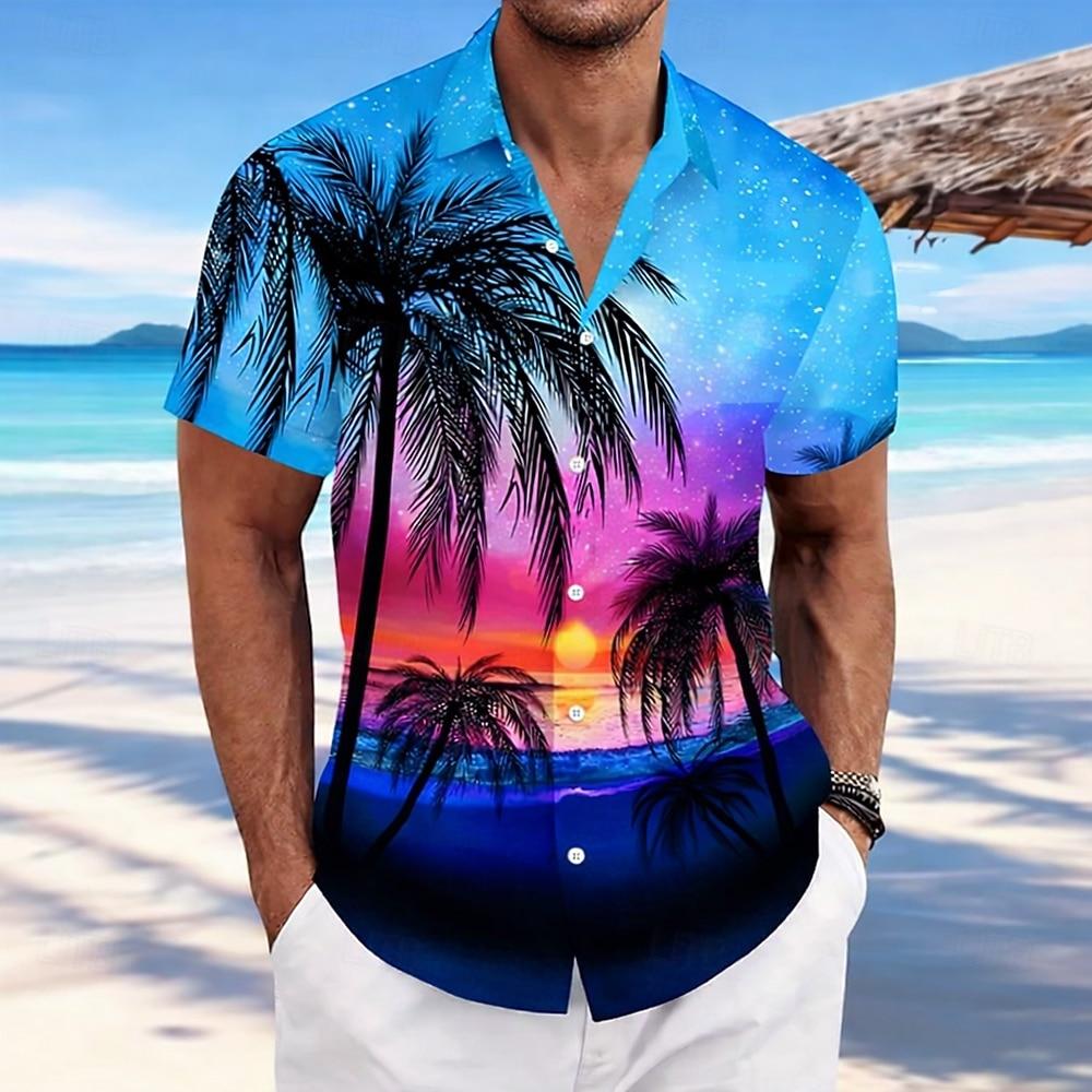 Men's Coconut Tree Starry Sky Summer Hawaiian Shirt Button Up Shirt Aloha Shirt Short Sleeve