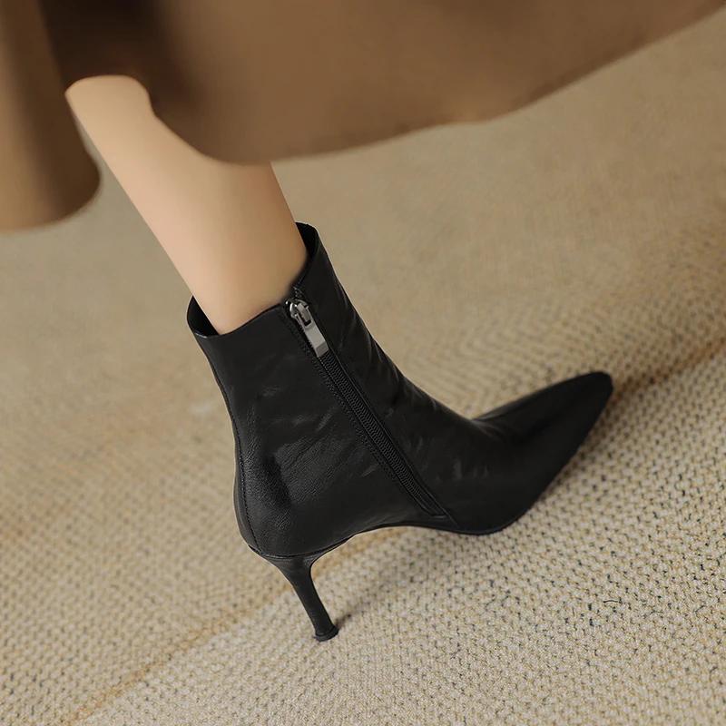 Fashion 2024 New Sheepskin Ankle Boots High Heels Women Boots High Heels Thin Heel Short Boots Genuine Leather Winter Leather Shoes